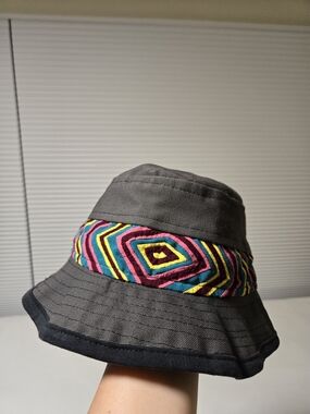 Dark Gray Cotton  Bucket Hat with Colorful Geometric Band Unisex